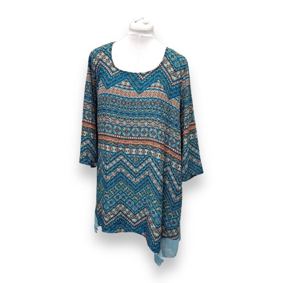 OneWorld 3X Asymmetrical Womens Tunic Top Bohemian Geometric Print 100% Polyeste - Picture 1 of 8